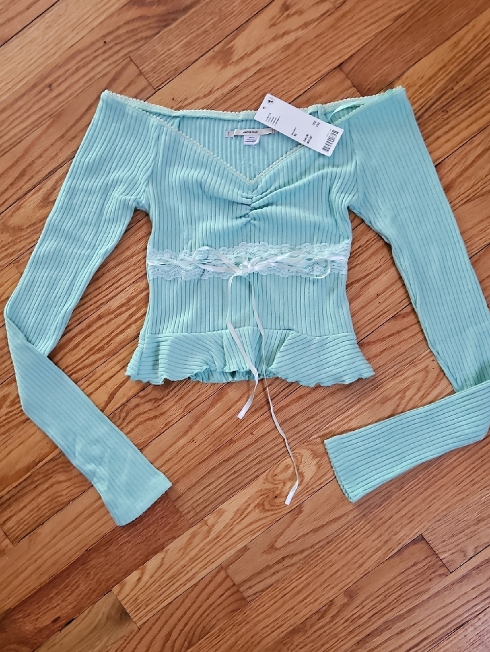 Kimchi Blue Mint Green Ribbed Lace-Trim Long Sleeve Top